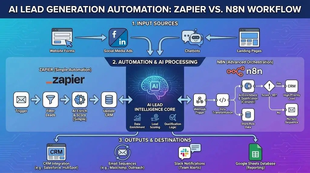 AI lead generation workflows with Zapier and n8n
